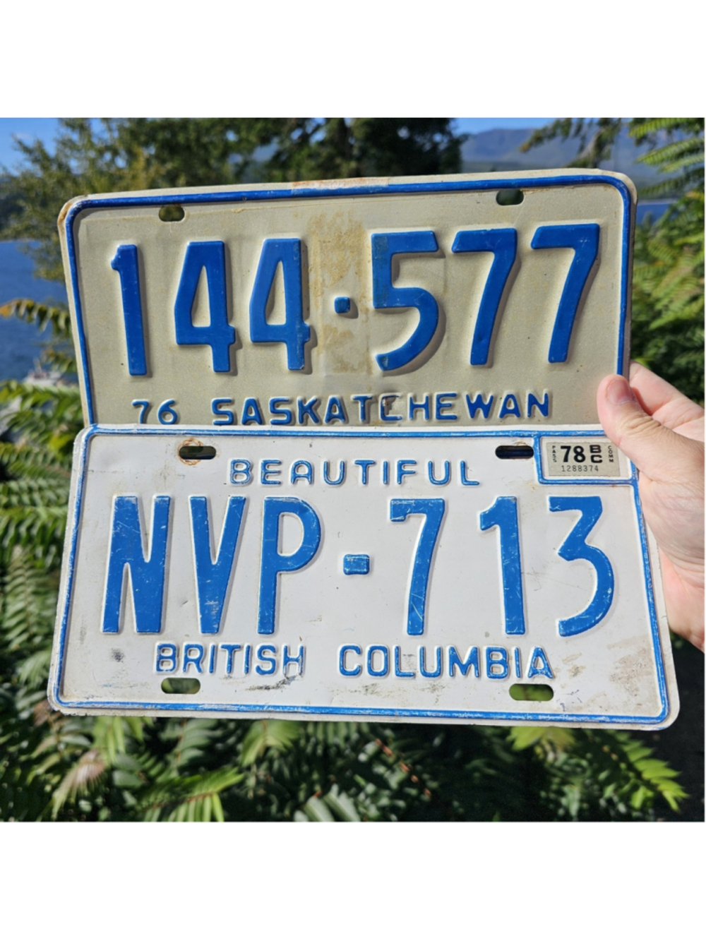 Vintage 1976 Saskatchewan 144-577 & 1978 BC NVP-713 License Plates Lot of 2